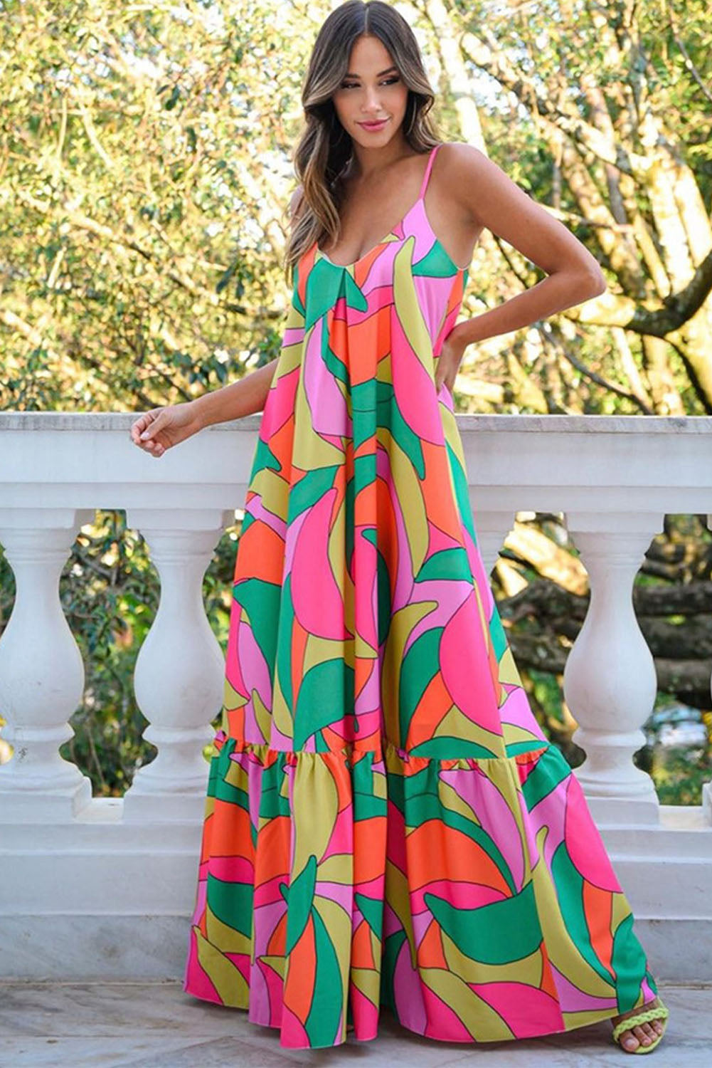 Robe longue sans manches à imprimé géométrique bohème multicolore