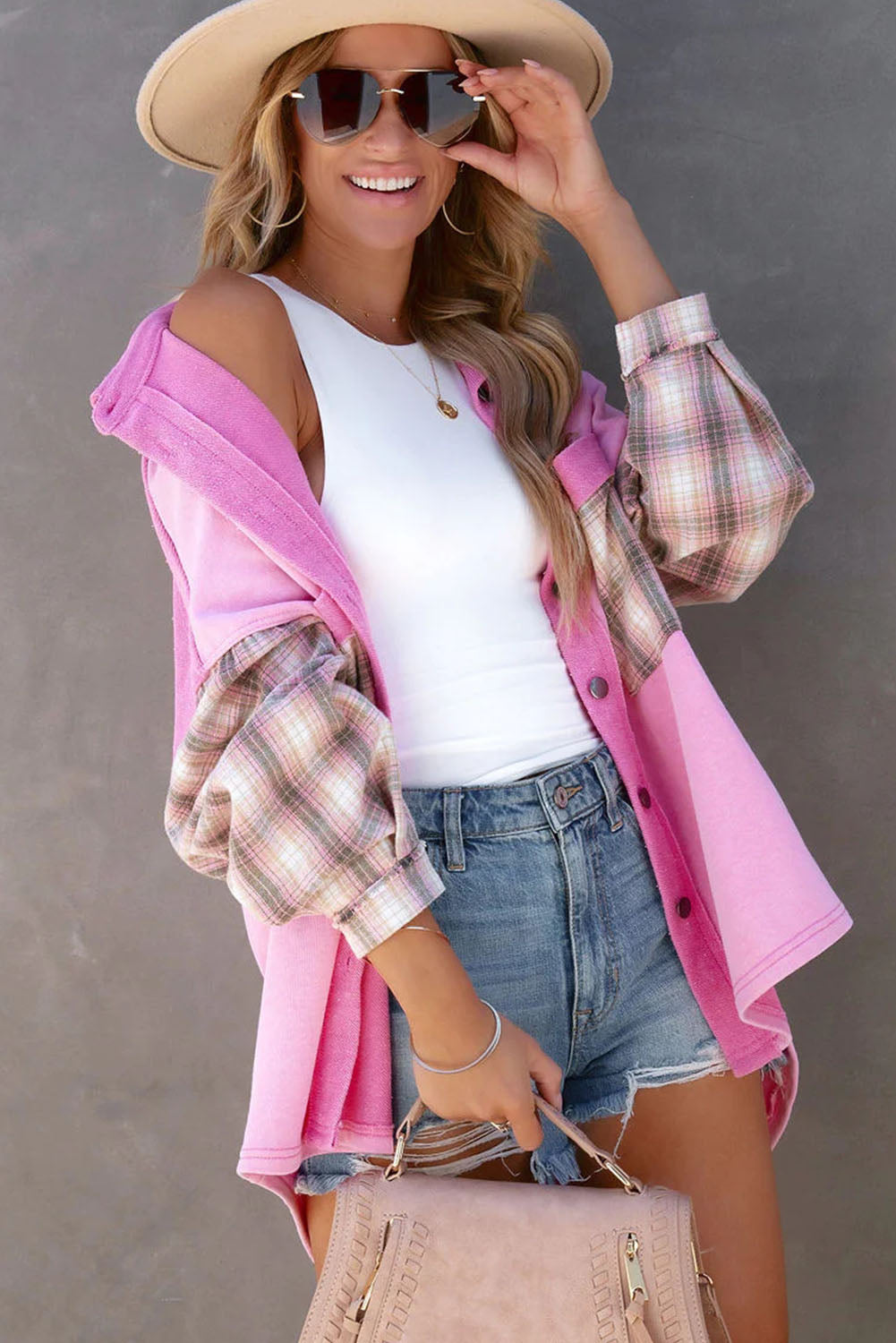 Plaid Patchwork Chest Pockets Oversized Shirt Jacket