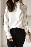 Button Ribbed Puff Sleeve High Neck Sweater