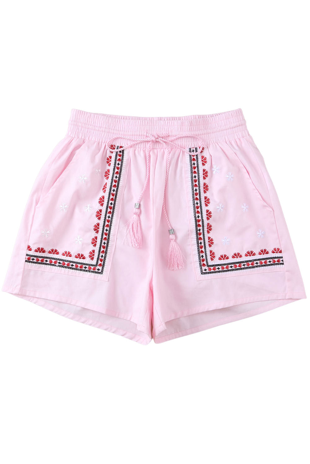 Short décontracté à taille avec cordon de serrage et pompons floraux brodés style bohème rose