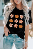 Pumpkin Flower Print Short Sleeve Graphic Top