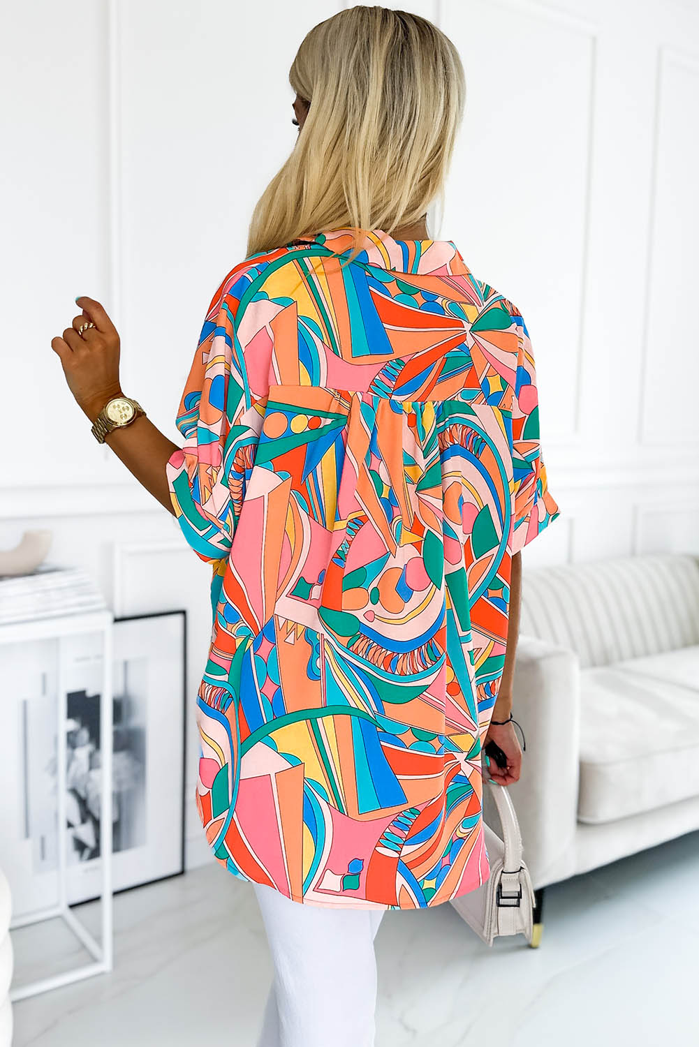 Abstract Geometry Print Half Puff Sleeve Loose Shirt