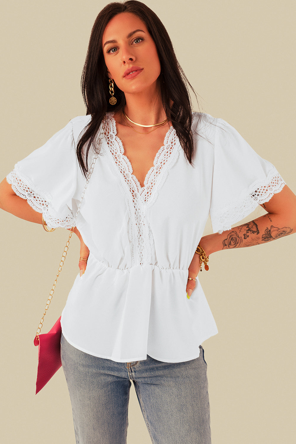 Lace Splicing V Neck Short Sleeve Blouse