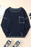 Contrast Stitching Trim Waffle Knit Pullover