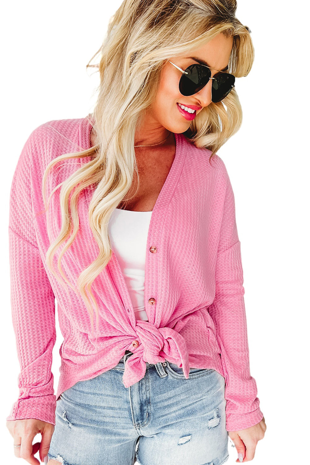 Waffle Knit Dropped Shoulder Cardigan