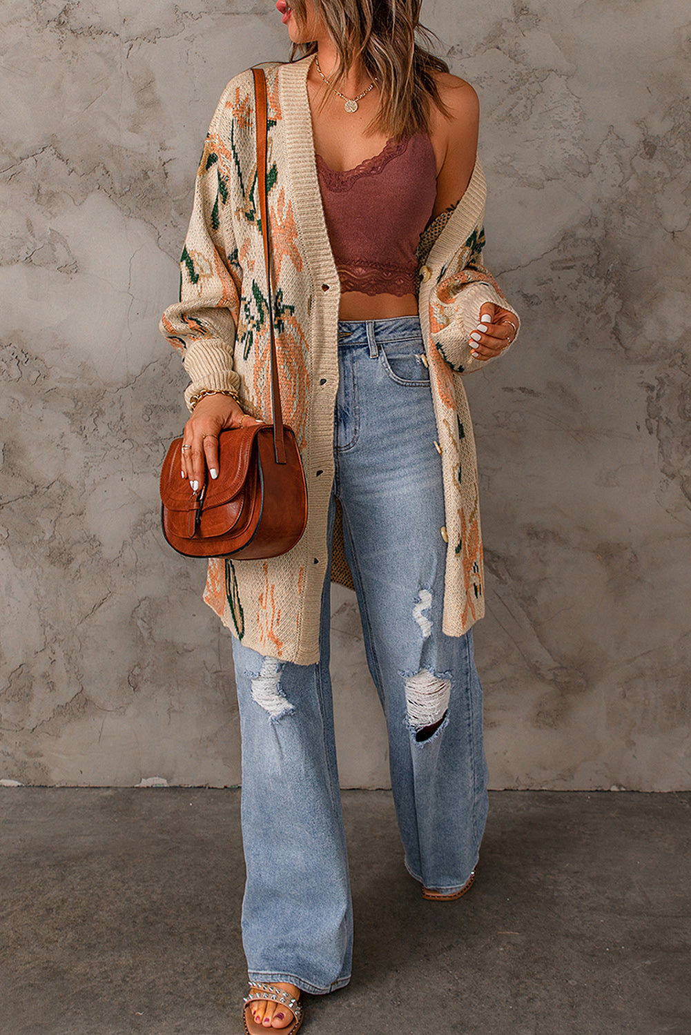 Abstract Floral Knit Button Down Long Cardigan