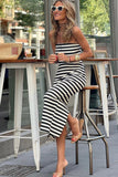 Stripe Print Tube Top Split Bodycon Dress