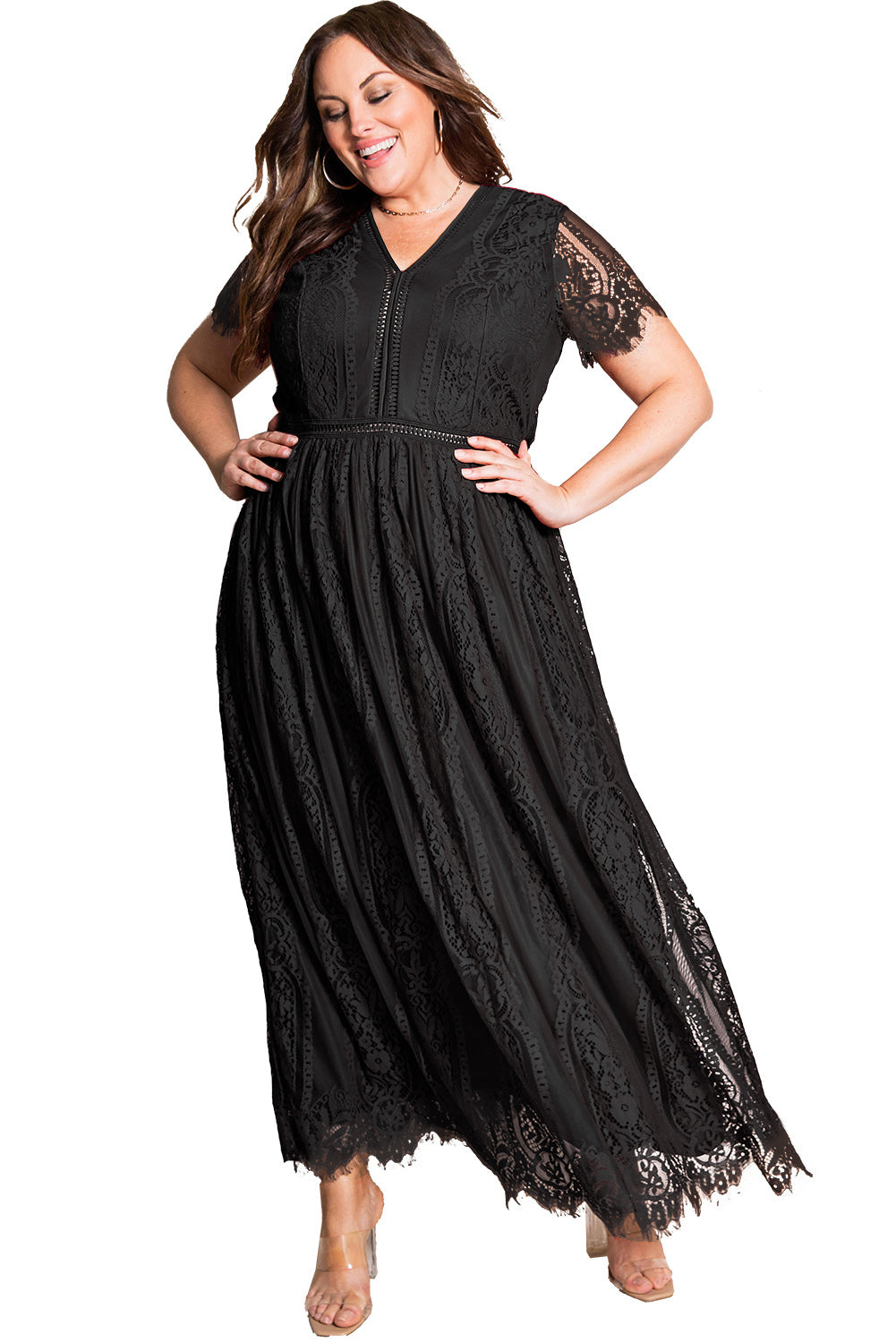 Eyelash Lace Short Sleeve Curvy Maxi Dress