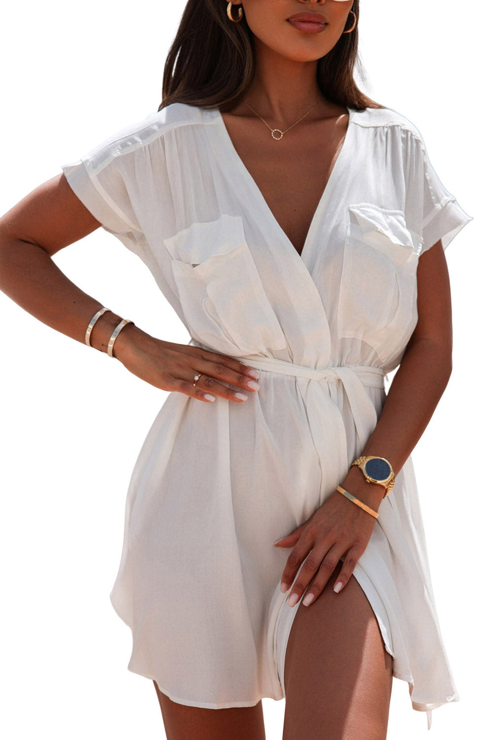 Flap Chest Pockets Open Front Beach Cover-up with Belt