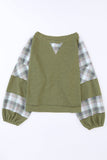 Plaid Patch Waffle Knit Exposed Seam Bubble Sleeve Top