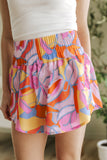 Purple Abstract Print Smock Waist Casual Shorts