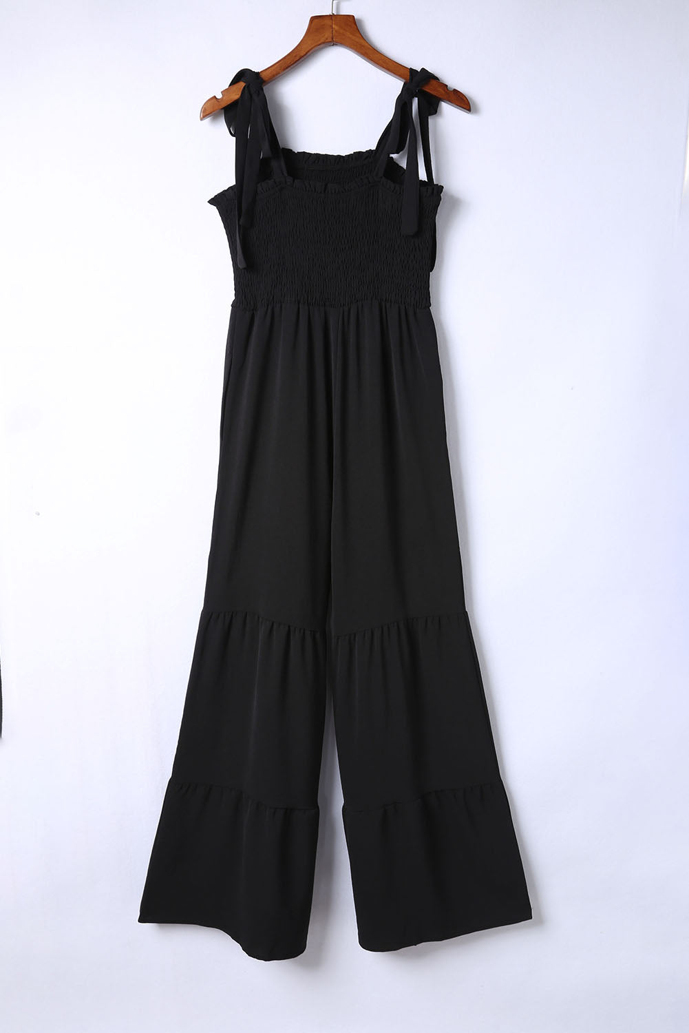 Black Tie Straps Shirred Bodice Tiered Wide Leg Jumpsuit