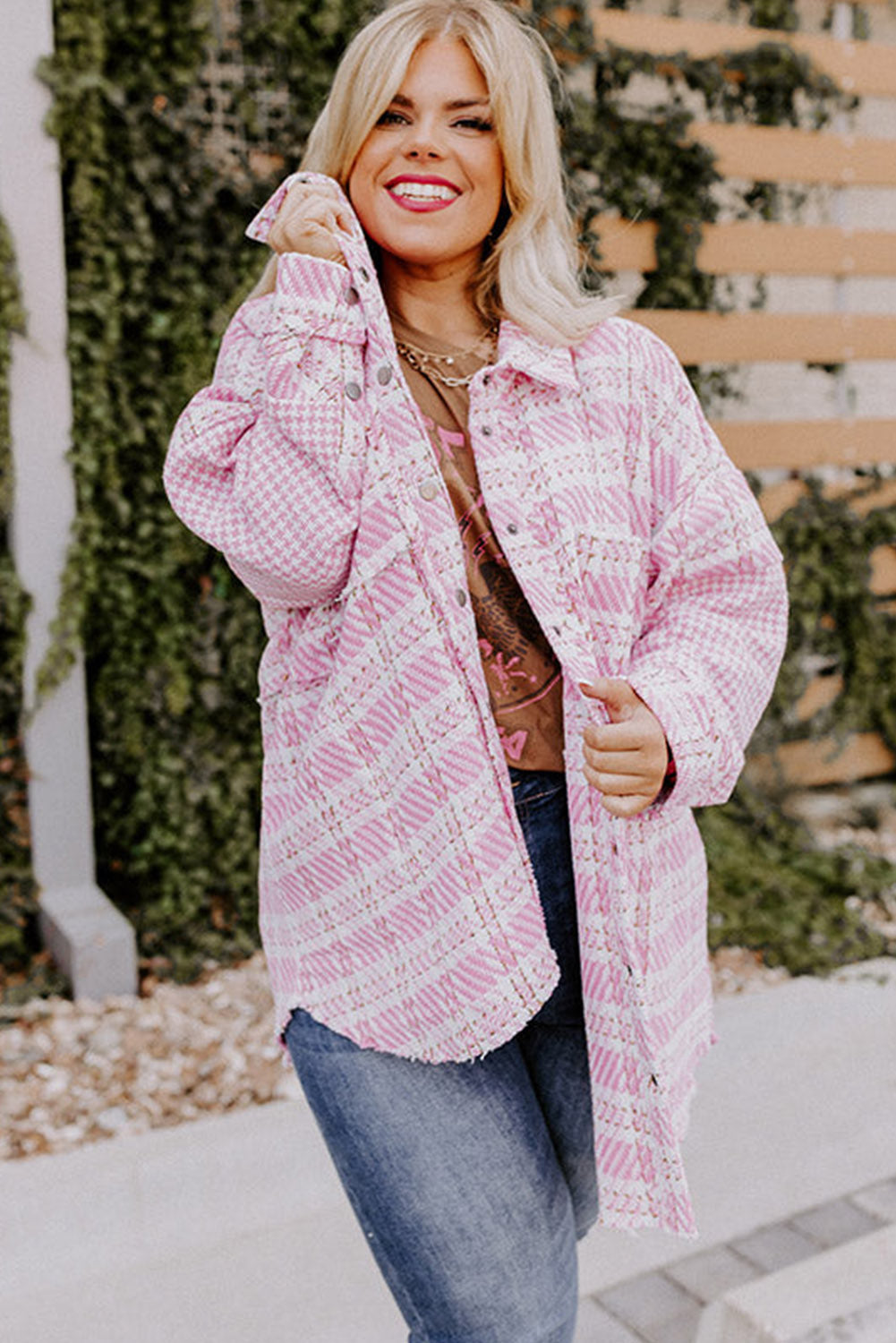 Plus Size Tweed Plaid Houndstooth Print Jacket