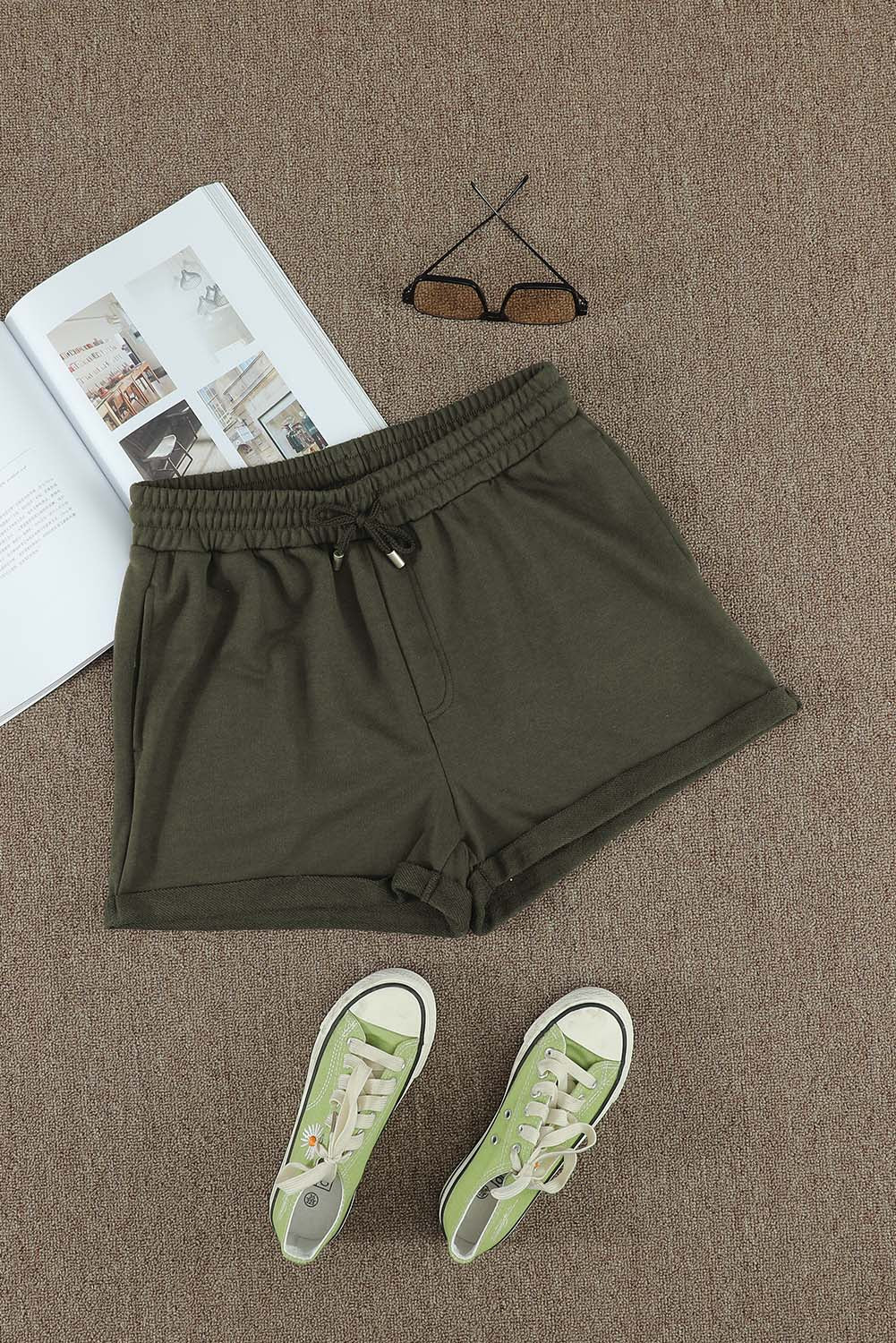 Tie Waist Side Pockets Cuffed Lounge Shorts