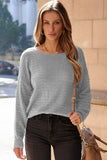 Green Textured Knit Round Neck Dolman Sleeve Sweater