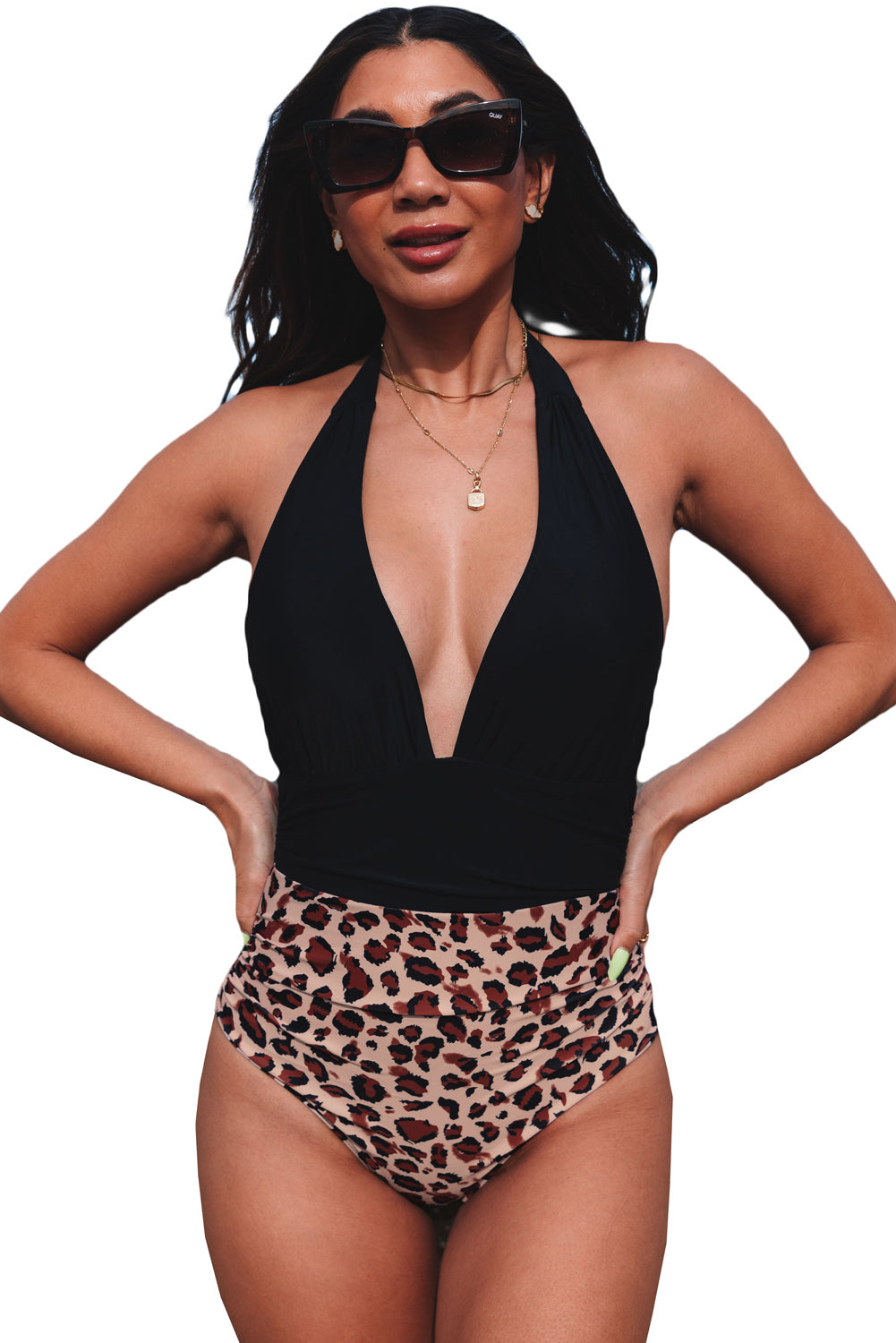 Plunge V Neck Colorblock Bottoms One-piece Swimsuit