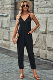 Textured Sleeveless V-Neck Pocketed Casual Jumpsuit