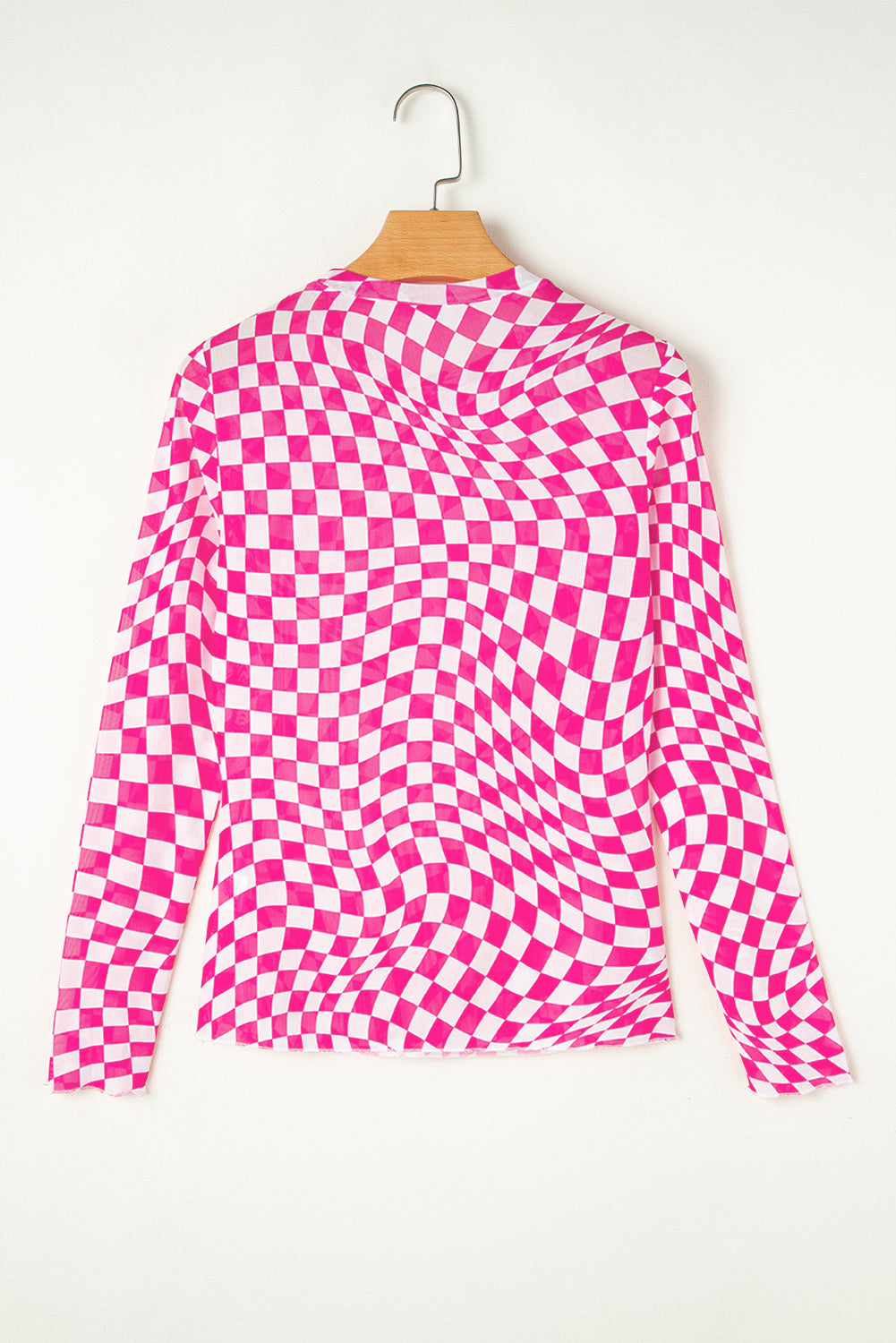 Rose Checkered Pattern Mesh Mock Neck Long Sleeve Top