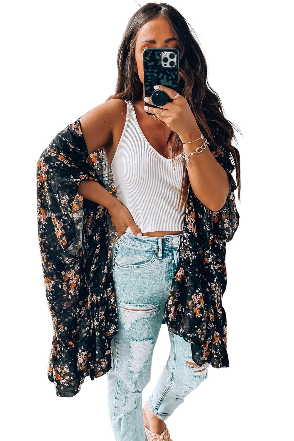 Kimono fluide noir à imprimé floral délicat