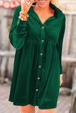 Green Long Sleeve Ruffle Velvet Button Up Dress