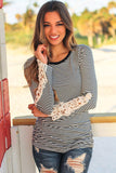 Stripe Lace Crochet Long Sleeve Top