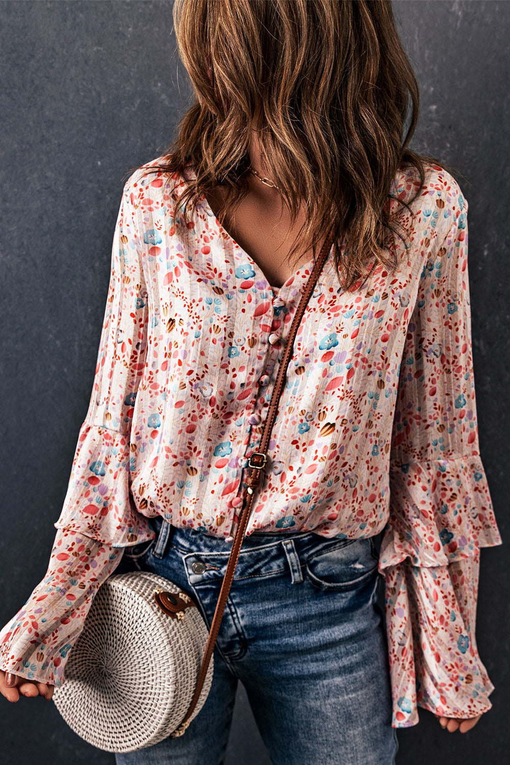 Tiered Ruffled Bell Sleeve Floral Bodysuit