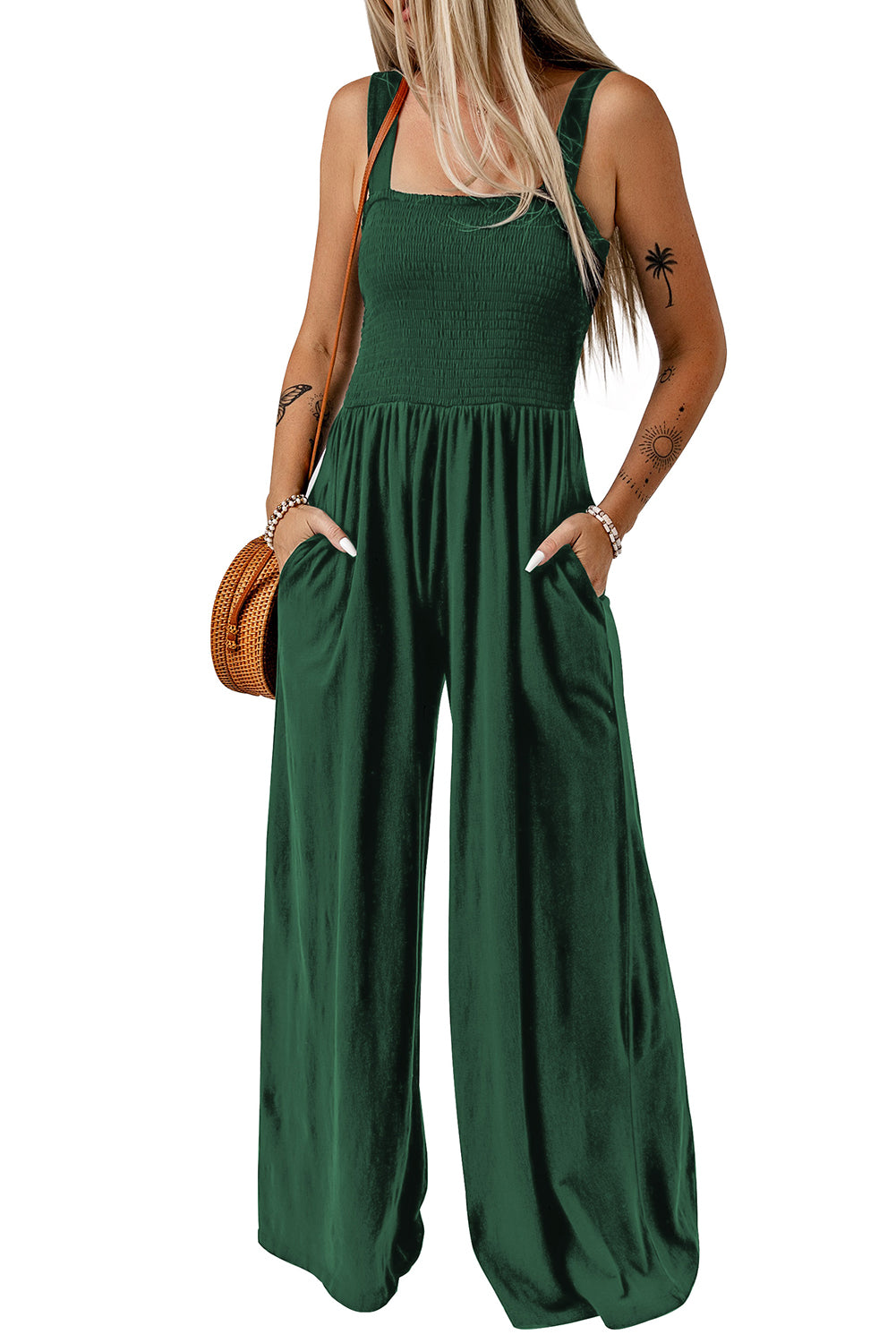 Smocked Square Neck Long Sleeve Wide Leg Jumpsuit