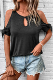 Knotted Cold Shoulder Sleeve Keyhole Front T Shirt