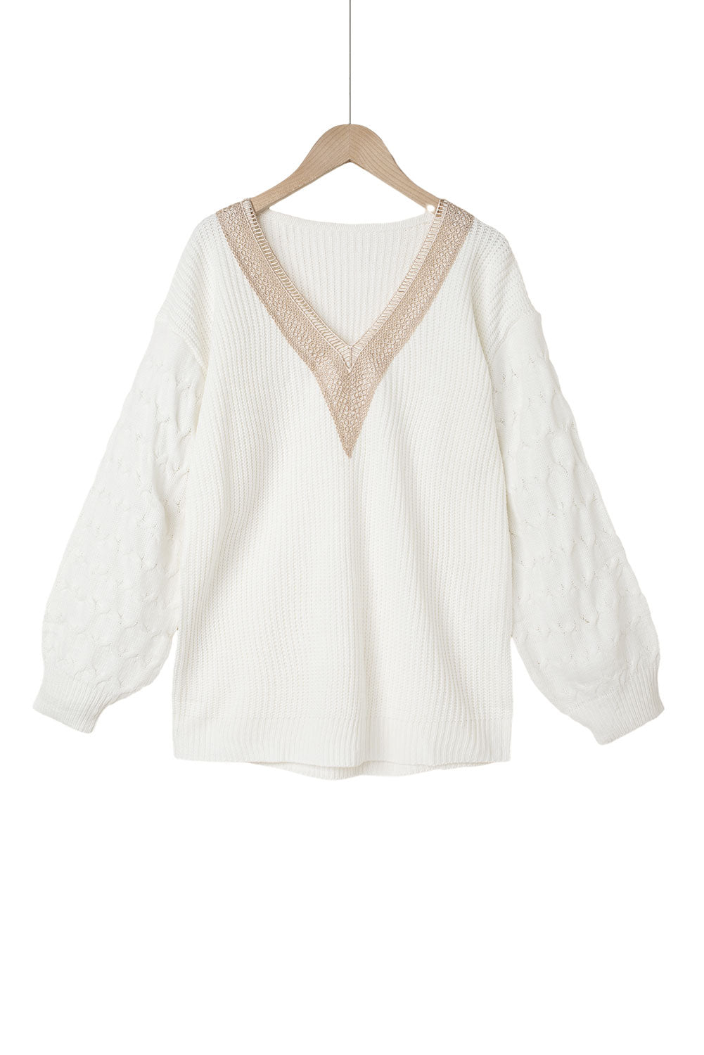 Cable Puff Sleeve Lace V Neck Sweater