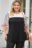 Black Waffle Knit Animal Print Ruffle Sleeves Plus Size Top