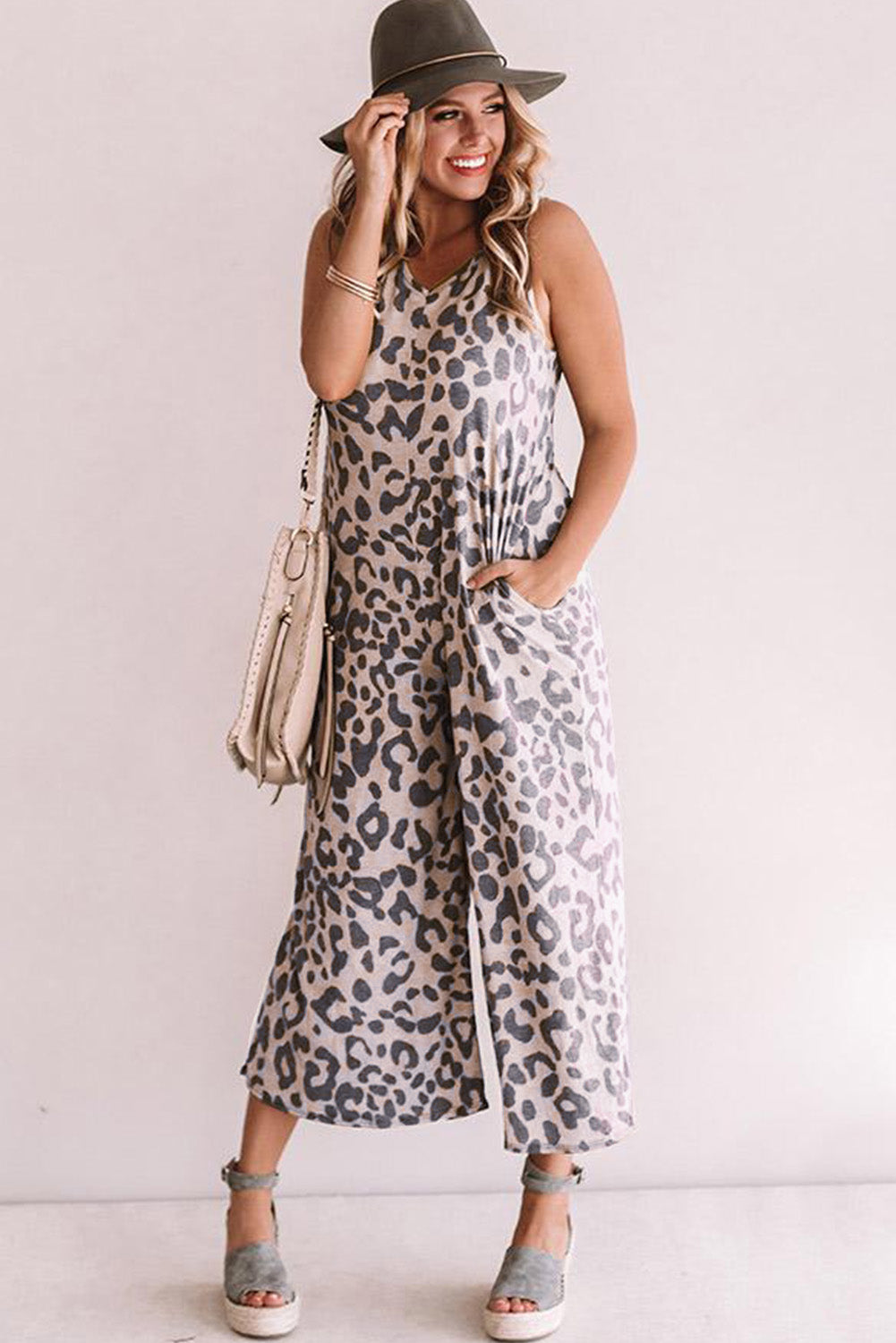 Print Pockets Wide Leg Sleeveless Jumpsuit