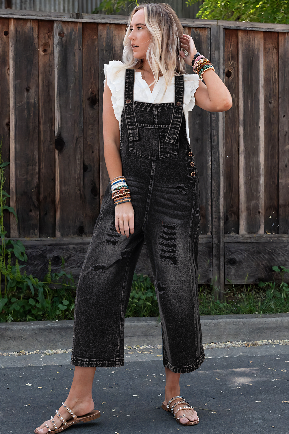 Black Distressed Bib Pocket Wide Leg Denim Overall