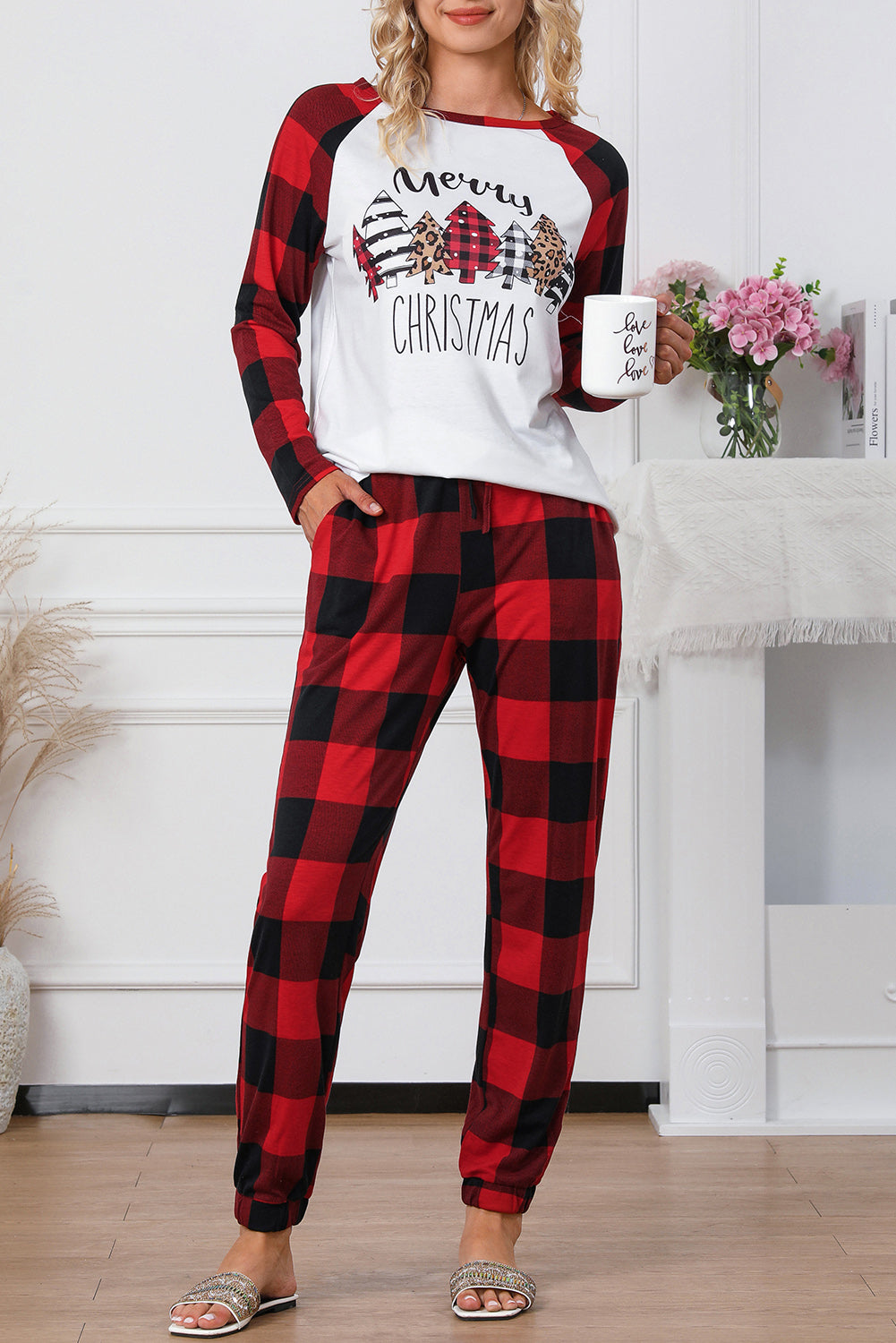 Plaid Merry Christmas Graphic Loungewear Set