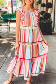 Rainbow Stripe Ruffles Ruched Tiered Dress