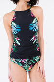 Leaf & Flower Print Ruched Tankini Set