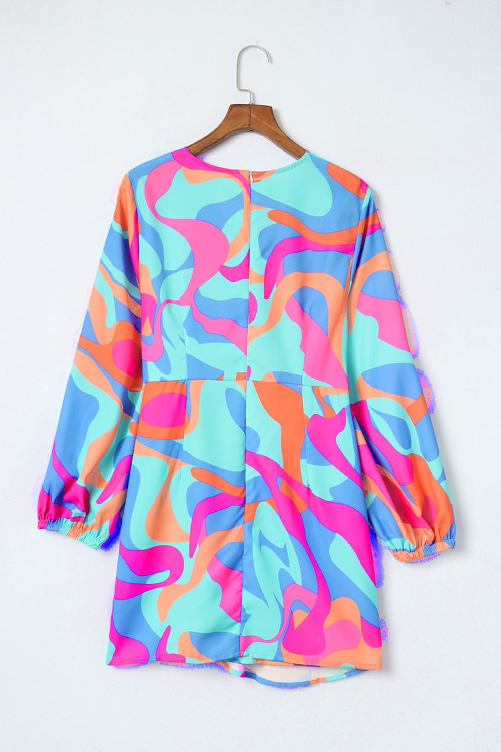 Robe portefeuille multicolore à imprimé abstrait, col en V, manches bouffantes