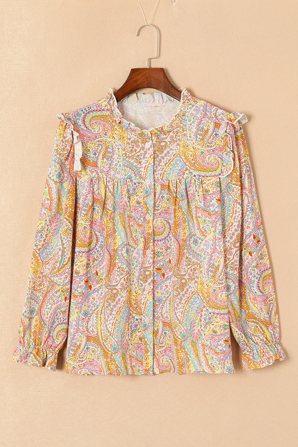 Paisley Print Ruffled Trim Boho Shirt