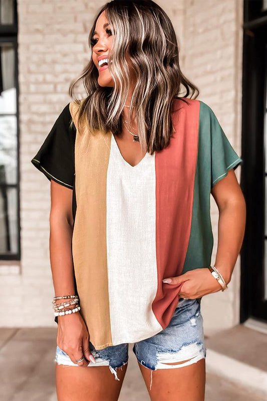 Multicolor Colorblock V Neck Short Sleeve Top