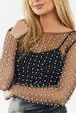 Haut en maille transparente avec perles noires et strass