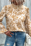 Light French Beige Floral Print Frilled Neckline Flounce Sleeve Blouse