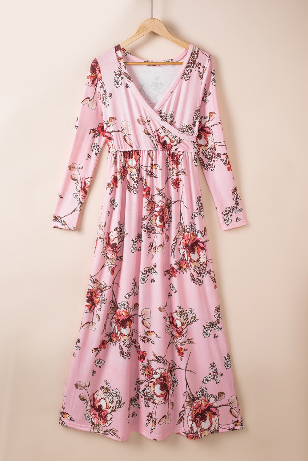 Wrapped V Neck Floral Long Sleeve Empire Maxi Dress