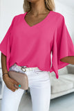 Plain Flounce Bell Sleeve V Neck Blouse