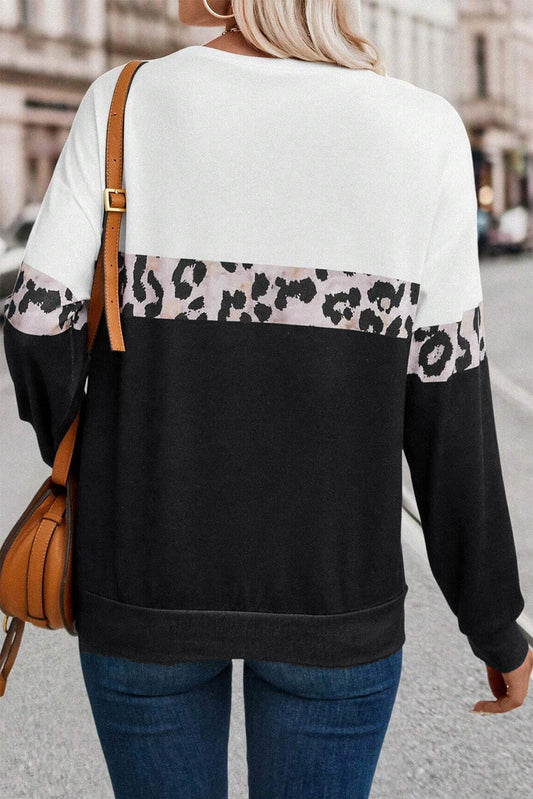 Black Leopard Colorblock Round Neck Long Sleeve Top