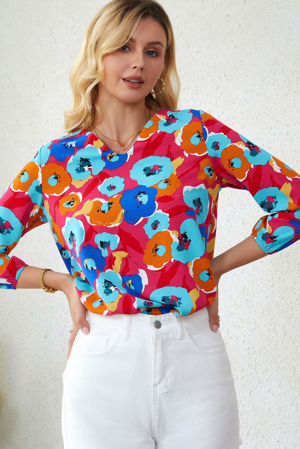 Sky Blue Multicolor Abstract Print High Neck Flutter Sleeves Top