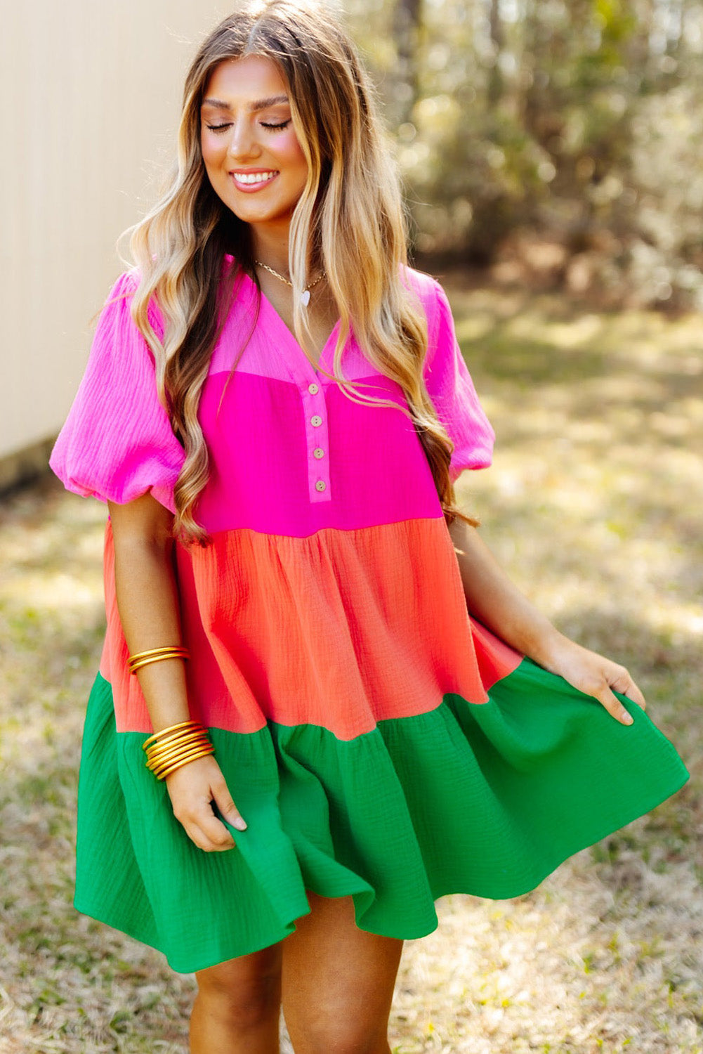 Crinkle Bubble Sleeve Color Block Blouse