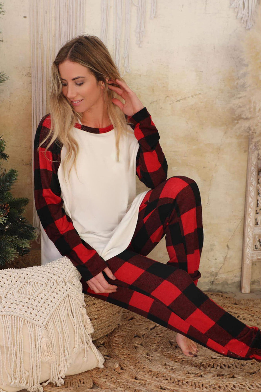 Red Plaid Raglan Sleeves Top and Drawstring Pants Lounge Set