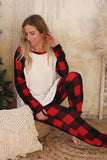 Red Plaid Raglan Sleeves Top and Drawstring Pants Lounge Set