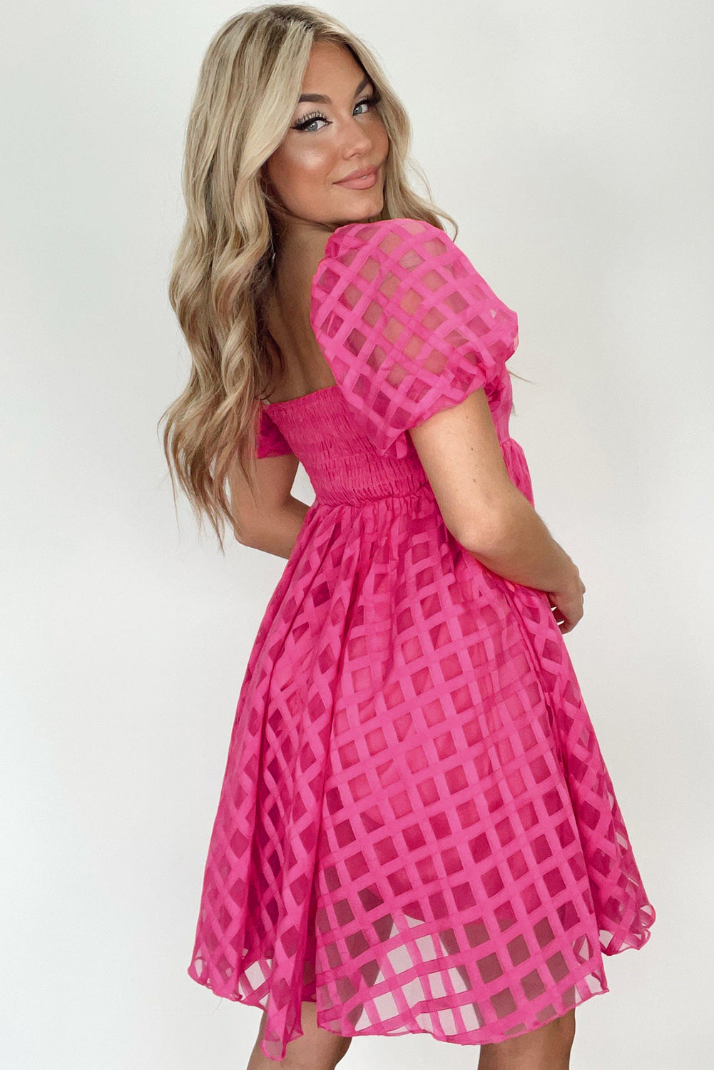 Strawberry Pink Checkered Puff Sleeve Babydoll Dress