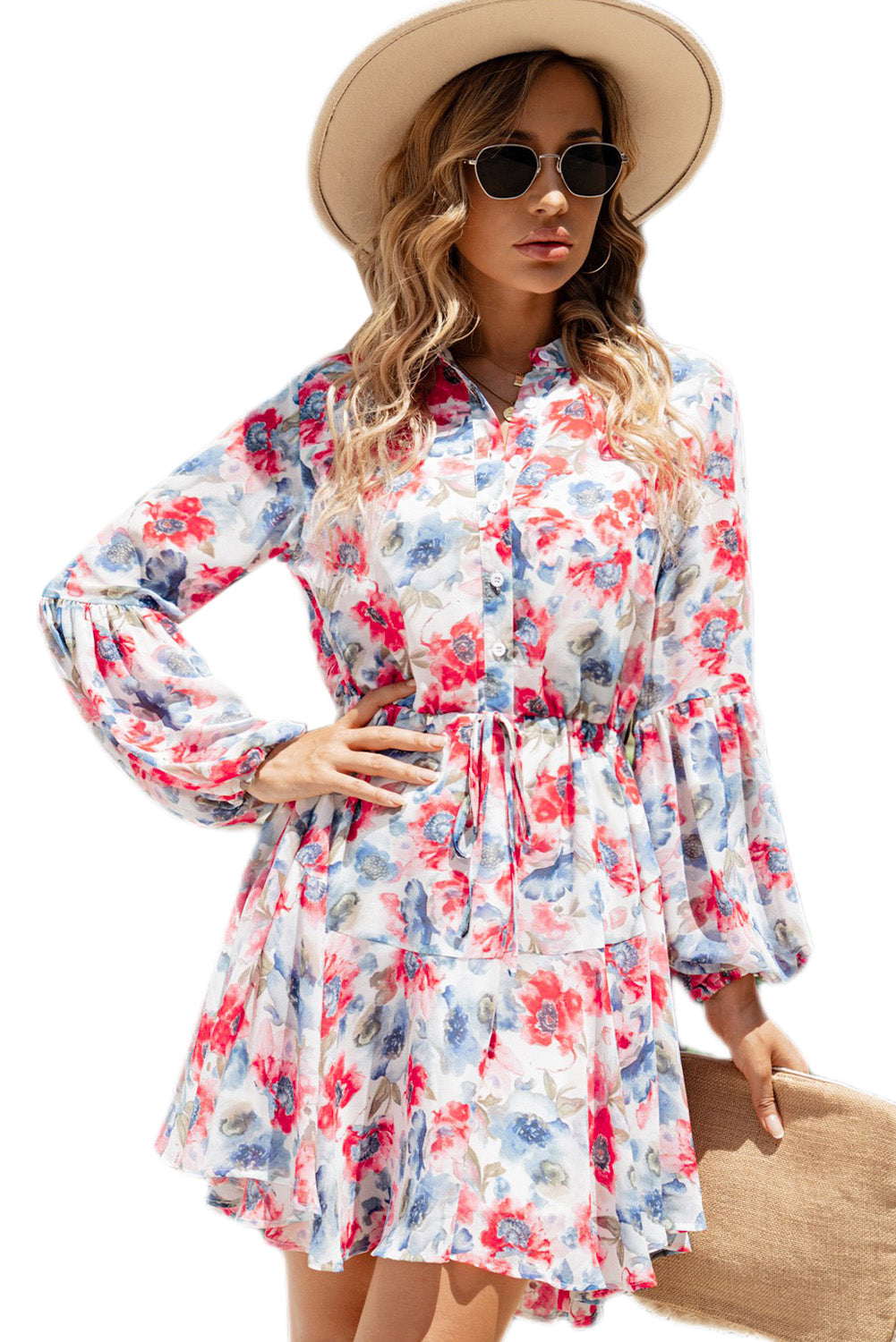 Vintage Floral Print Drawstring Flowy Dress