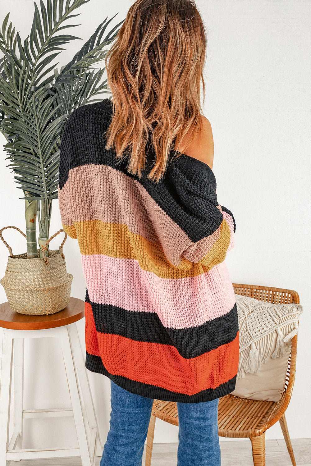 Waffle Knit Color Block Open Front Cardigan